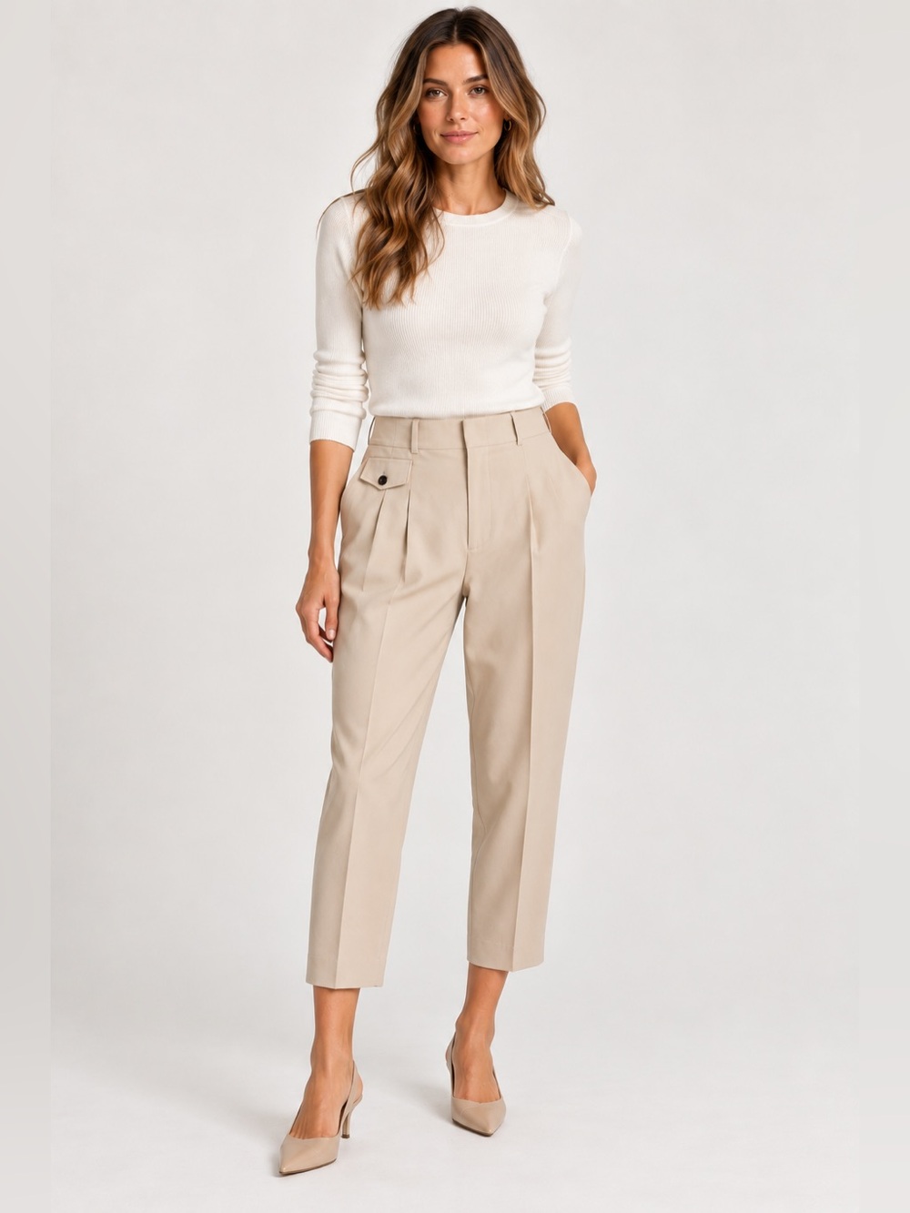 NWOT Zara Cream High-Rise Straight Pants with pleats and small pocket. Size S.